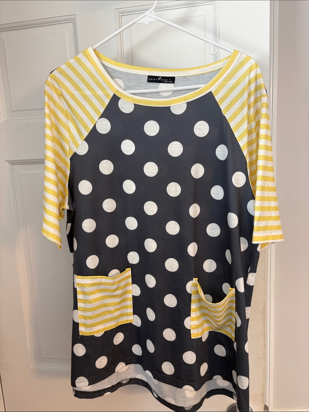 Polka Dot Raglan Tee with Yellow Stripe Accents